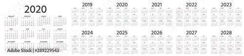 Calendar 2020, 2019, 2021, 2022, 2023, 2024, 2025, 2026, 2027, 2028 years. Vector. Week starts Sunday. Stationery template in minimal design. Yearly calender organizer. Landscape orientation.