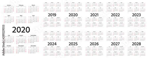 Calendar 2020, 2019, 2021, 2022, 2023, 2024, 2025, 2026, 2027, 2028 years. Vector. Week starts Sunday. Stationery template in minimal design. Portrait orientation. Yearly calender organizer, english