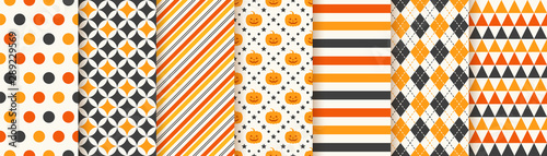 Halloween pattern. Seamless Haloween background. Vector. Texture with pumpkin face, triangle, polka dot, stripes, rhombus. Geometric wrapping paper, textile print. Orange yellow black. Illustration