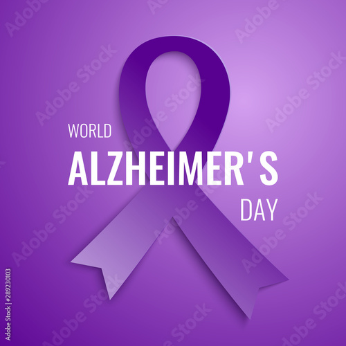World Alzheimer's day card with purple ribbon and text to support people with dementia and their carers.