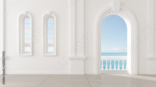 Fototapeta Naklejka Na Ścianę i Meble -  View of living room in mediterranean style with arch window design,Classic details,The sun light cast shadow on the tiles floor on sea view background. 3d rendering.	