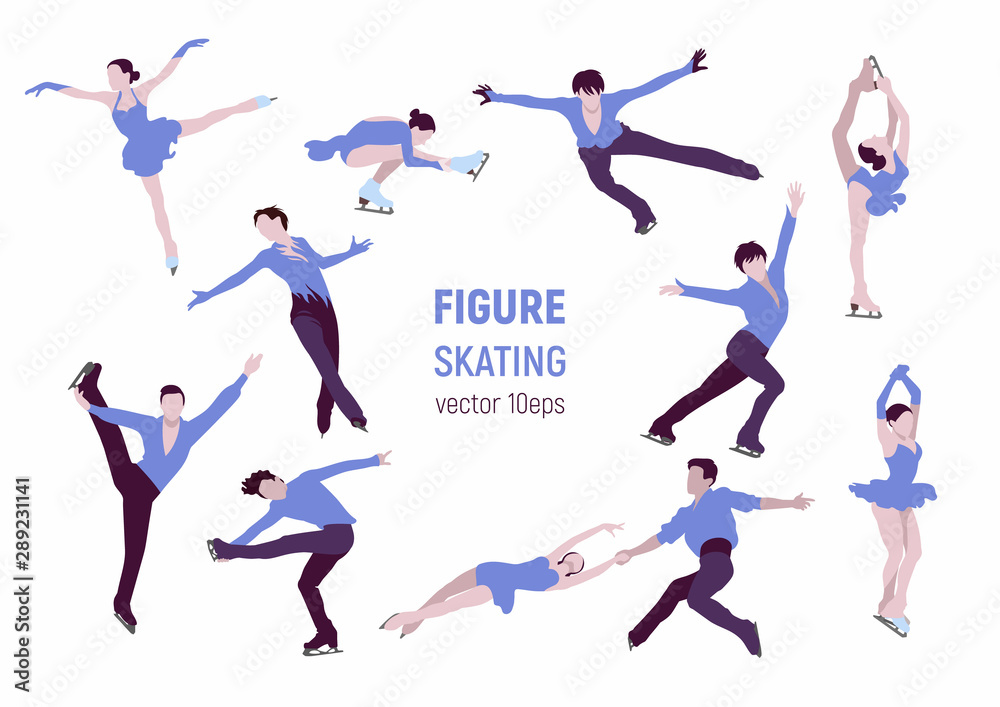 Figure skating. Athletes silhouettes on white backgrounde. Winter sport illustration.  People in motion vector images. Elements of figure skating.