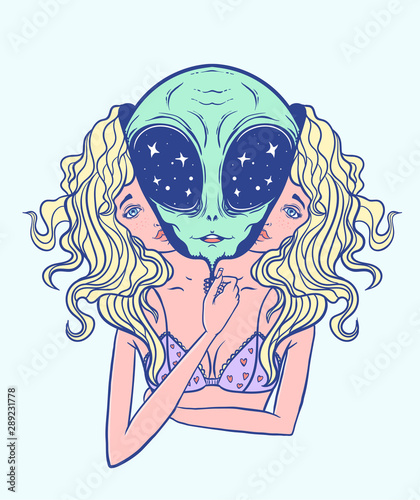 alien girl, tattoo, t-shirt print