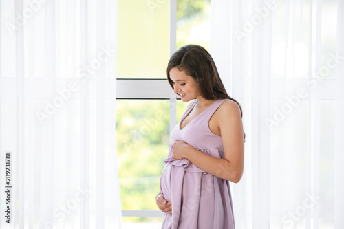 Young pregnant woman near window