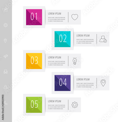 Vector modern infographic flat template label for five diagrams, graph, presentation. Business concept with 5 options, rectangles. Blank space for content, step for step, timeline, workflow, banner