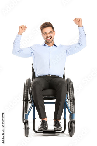 Happy businessman in wheelchair on white background