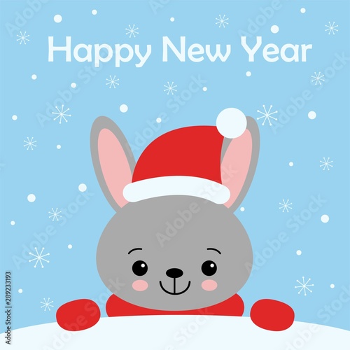 Cute rabbit card. Santa Claus hat on bunny vector illustration. New Year square banner with smiling bunny. Winter holiday package design. Flat forest animal.