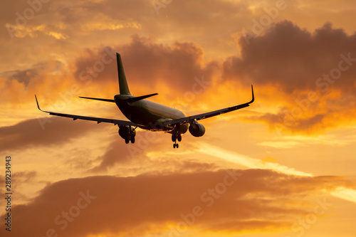 plane flies in sky towards sun. © denklim
