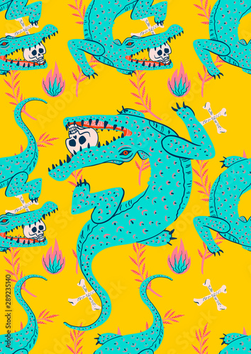 crocodile and skull seamless pattern