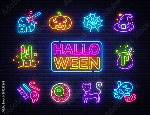 Halloween neon icons set. Happy Halloween collection neon signs. Bright sign boards, light banner. Modern trend design, night light signboard, emblems, design template. Vector Illustration