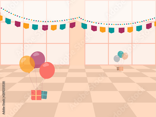 Vector illustration with celebration room, balloons and flags