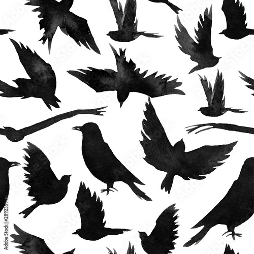 many black birds, seamless pattern, monochrome watercolor illustration