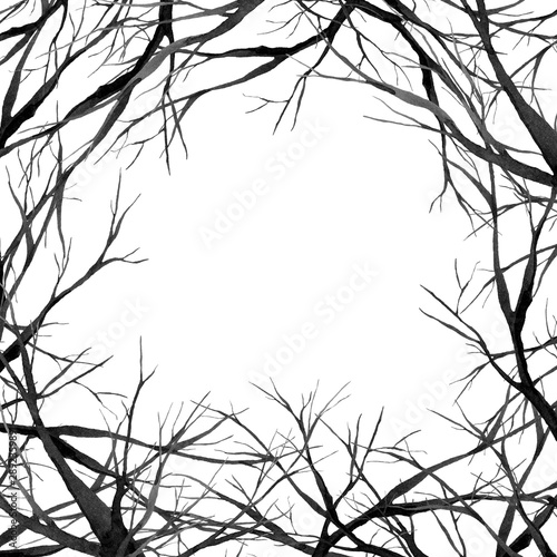 black scary forest  large branches frame  watercolor illustration  background