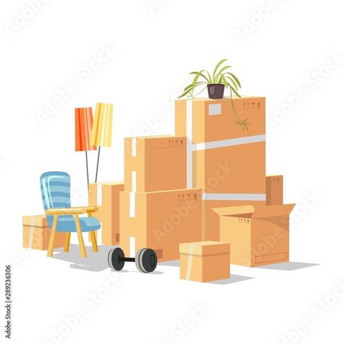 Moving to new house, room, apartment with home furniture, things in cardboard boxes, plant, barbell, armchair, floor lamps. Transport or removal company services. Cartoon vector illustration on white.