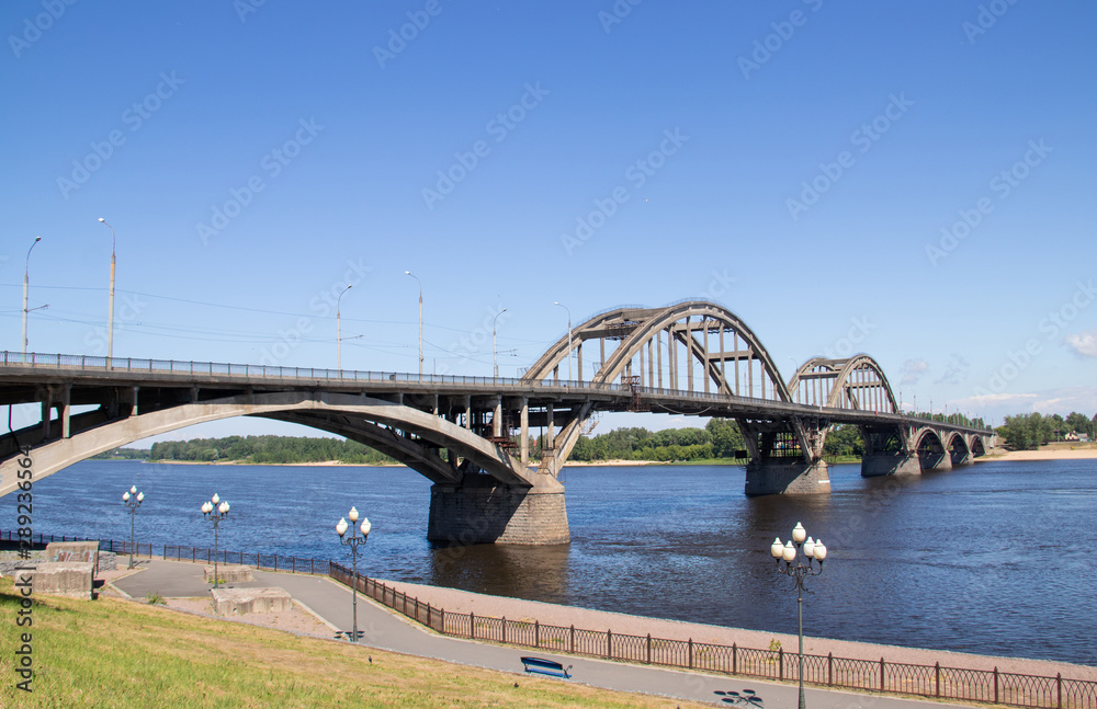reinforced concrete arched road bridge over the Volga river in Rybinsk.