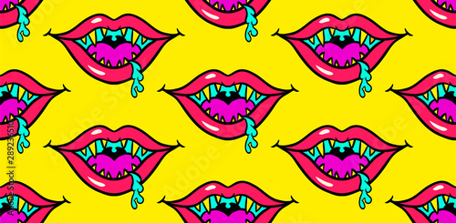halloween lips with fangs and saliva, seamless psychedelic pattern