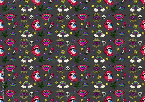 seamless psychedelic trip pattern:LSD, weed, skull, eyeball, rainbow, drugs