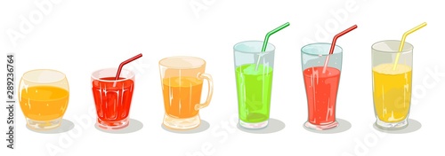 Green, yellow, orange, red beverages in different sized glassware with straws. Multicolor delicious drinks fruit and berry juices, nectars, cocktails, smoothies. Cartoon vector set isolated on white.