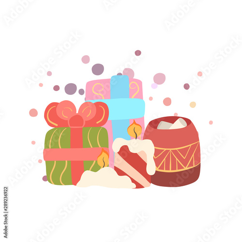 Elements of Cristmas and New Year. Flat design with gift, candle, confetti and cup of eggnog with marshmellow. Vector illustration for postcards, stickers, print, gift, poster, banner, flyer and your 