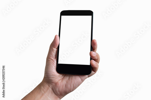 Isolated hand holding smartphone with white screen on white background.
