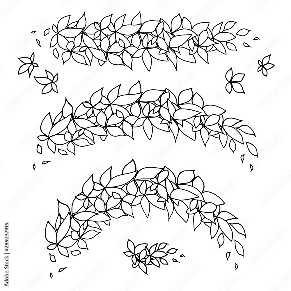Obraz premium Set of contour branches with leaves of various bends. Leaves and shoots. Vector line art element for invitations, cards and your design.