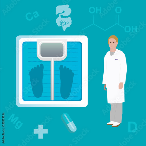 Nutritionist or dietician counselor doctor with scales and medical icons vector illustration. Diet, wight and obesity problems and doctor health medicine poster.