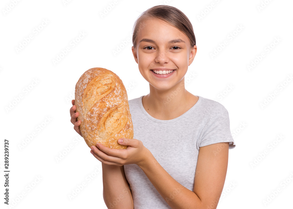 Happy young teen girl holds freshly baked bread. Portrait of smiling girl  with big loaf, isolated on white background. Child with handmade wheat  flour bread looking at camera. Photos | Adobe Stock