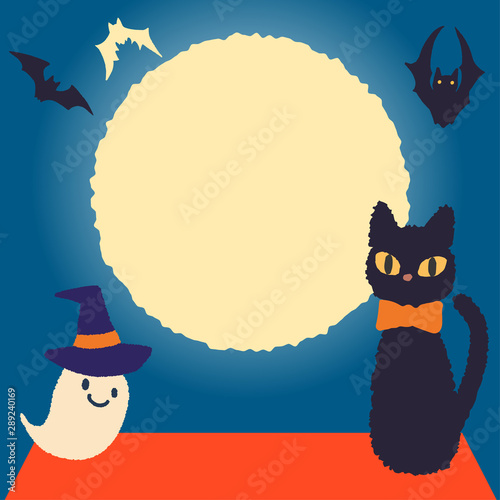 ハロウィン　黒猫　幽霊　月夜