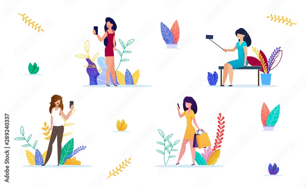 Fashion Woman Taking Selfie for Social Media Set Fashion Woman Taking Selfie for Social Media Set