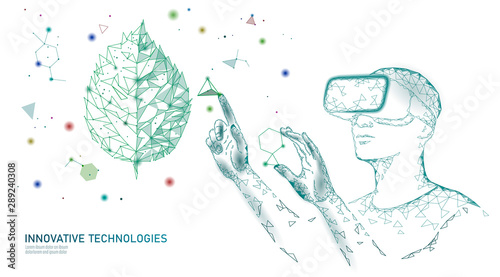DNA evolution modern engineering technology. Augmented reality helmet vr glasses. Ecology nature gene innovation concept. GMO gene engineering plant organic science medical vector illustration