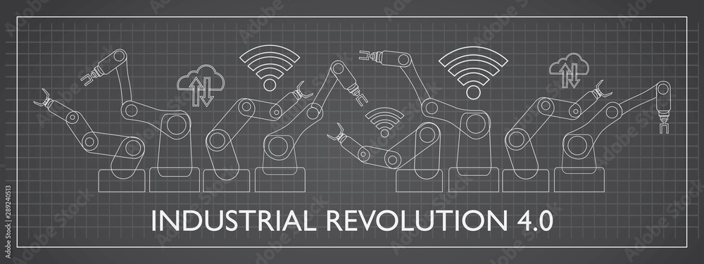 Industry 4.0 concept. Robotic arms with internet of things icons such as wireless communication network and cloud computing. Banner or panoramic format.