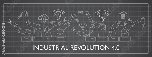 Industry 4.0 concept. Robotic arms with internet of things icons such as wireless communication network and cloud computing. Banner or panoramic format.