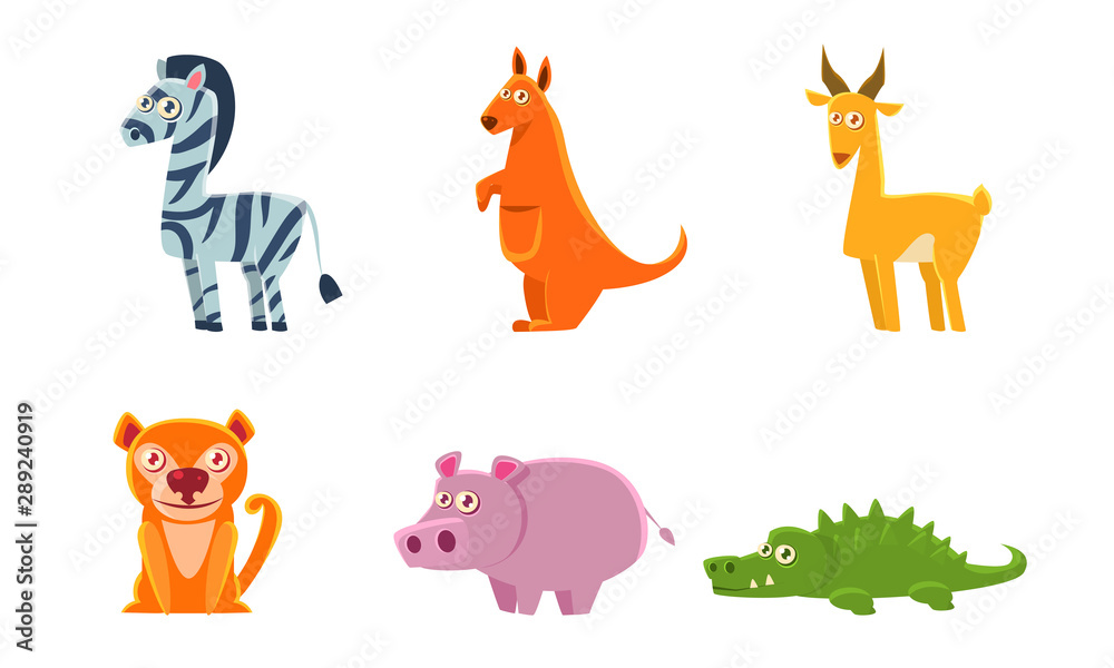 Obraz premium Collection of Cute Exotic Animals, Zebra, Kangaroo, Antelope, Boar, Crocodile Vector Illustration