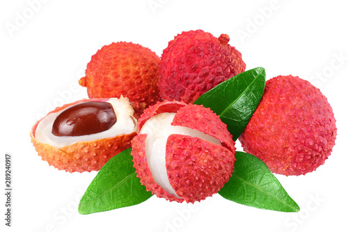 Fresh lychee with leaves isolated on white background.