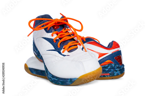 Close up studio shot of pair badminton shoes, isolated on white background.