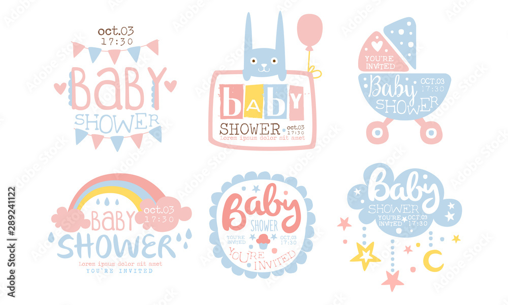 Baby Shower Invitation Templates Set, Cute Design Elements for Boy or Girl Newborn Celebration Party Vector Illustration Baby Shower Invitation Templates Set, Cute Design Elements for Boy or Girl Newborn Celebration Party Vector Illustration
