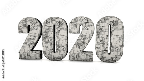 3D rendering of 2020 new year symbol text isolated on white background. 3D text illustration with technological surface, the idea of development and progress, scientific technologies of the future.