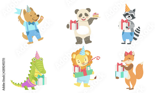 Fototapeta Naklejka Na Ścianę i Meble -  Collection of Cute Happy Animals for Happy Birthday Design, Dog, Panda, Raccoon, Crocodile, Lion, Fox, Vector Illustration