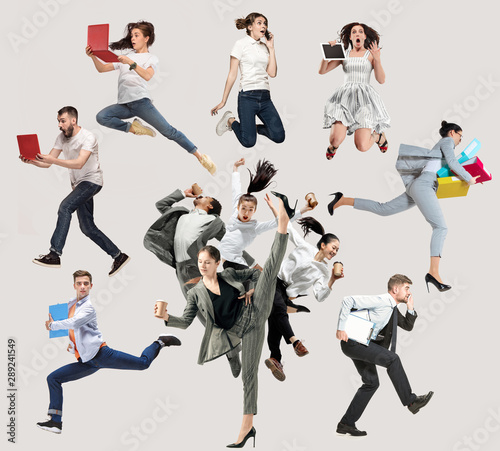 Happy office workers jumping and dancing in casual clothes or suit with folders, coffee, tablet on white. Ballet dancers. Business, start-up, working open-space, motion, action. Creative collage.