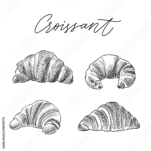 Fotografia croissant hand drawn sketch vector set