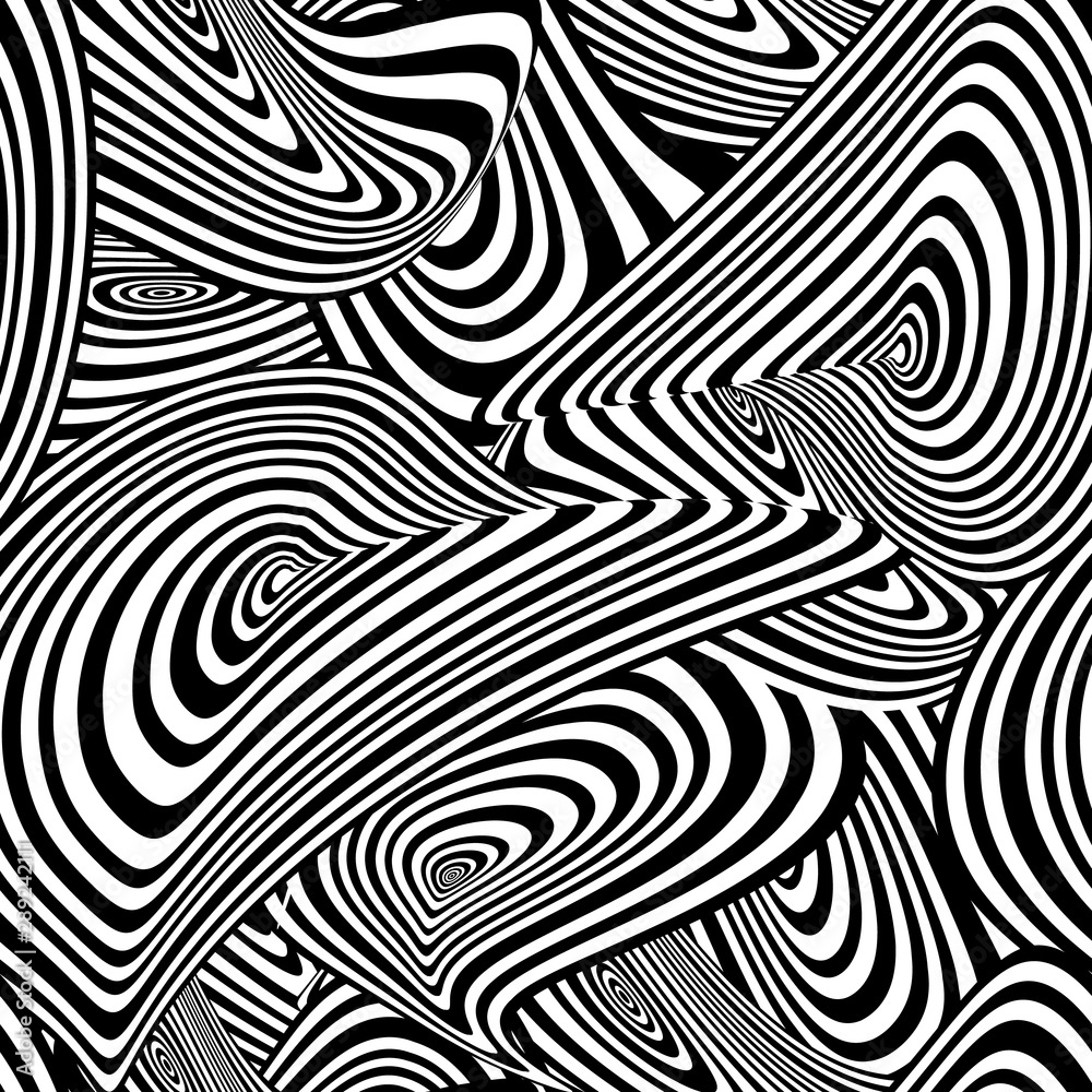 Vector Black and White Hypno Seamless Pattern, Geometric abstract Shapes, Curve Stripes.