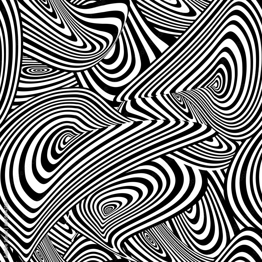 Vector Black and White Hypno Seamless Pattern, Geometric abstract Shapes, Curve Stripes. Vector Black and White Hypno Seamless Pattern, Geometric abstract Shapes, Curve Stripes.