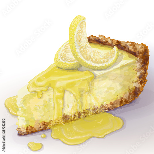 Vector piece of cheesecake with airy and tender, delicate creamy-curd cheese. Crisp and crumble cake with back, appetizing, realistic, homemade cakes with lemon, lemon wet jam. Healthy, home pastry