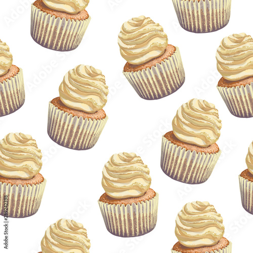 Vector seamless pattern of a crumbly, gentle wet biscuit cupcake with stunning cream soft air cheese cream, beige color, taste like creme brulee. Light-blue paper cake mold got wet from the juiciness