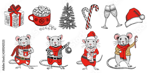 Christmas set. New Year card. Hand drawn illustration.
