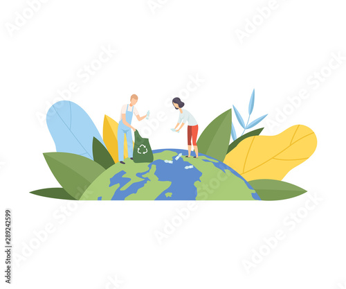 People Cleaning the Earth Planet From Plastic Waste, Volunteers Taking Care About Planet Ecology, Environment, Nature Protection Flat Vector Illustration