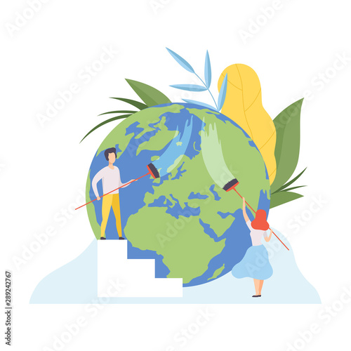 People Cleaning the Earth Planet with Brushes, Volunteers Taking Care About Planet Ecology, Environment, Nature Protection Flat Vector Illustration