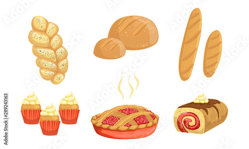 Bakery Products Set, Bread, Loaf, Hala, Cupcake, Pie, Roll Vector Illustration
