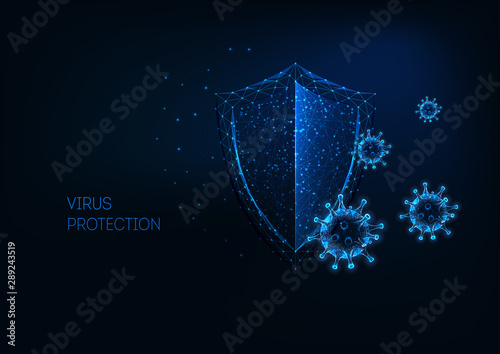 Futuristic virus protection concept with glowing low polygonal shield and virus cells.