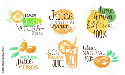 Fresh Natural Citrus Juice Labels Set  Orange  Lime  Lemon Juice Badges Hand Drawn Watercolor Vector Illustration